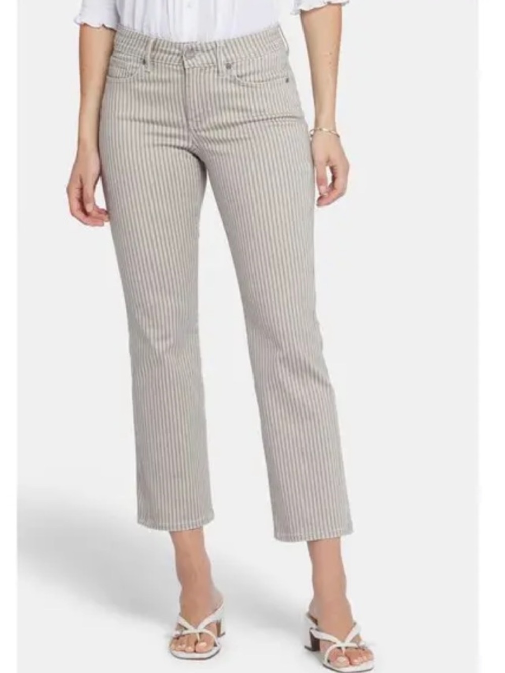 NYDJ Beige and White Vertically Striped Straight Leg Jeans